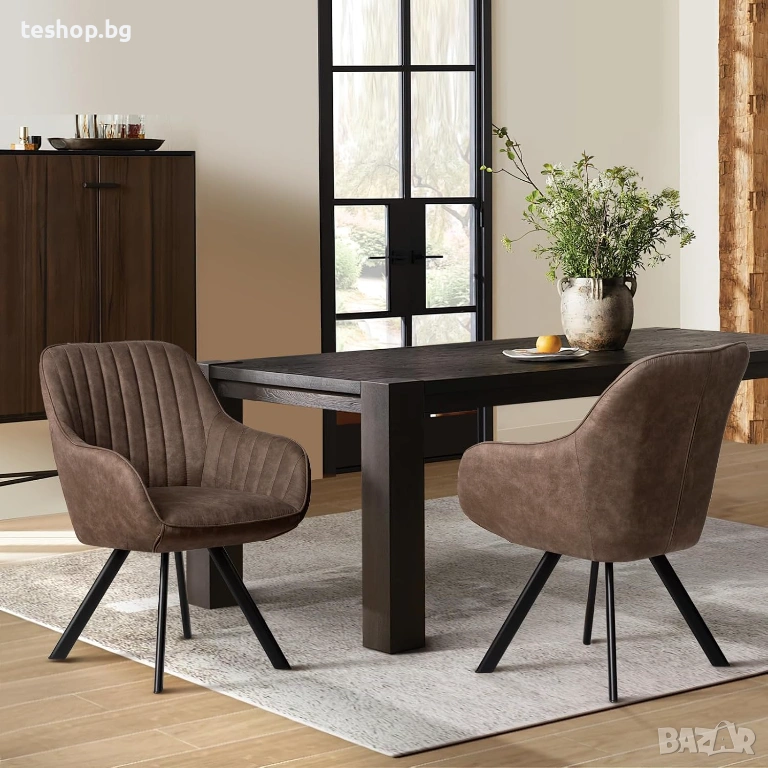 Трапезен стол 2 броя комплект кафяв плюш въртящ се КirKasa, снимка 1
