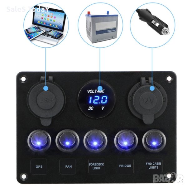 Панел с волтметър, USB, 12V щепсел за запалка, 5 превключвателя, LED, снимка 1
