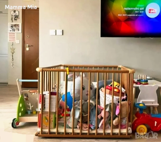 Дървена кошара за игра с матраче и обиколник и регулируемо ниво, снимка 1