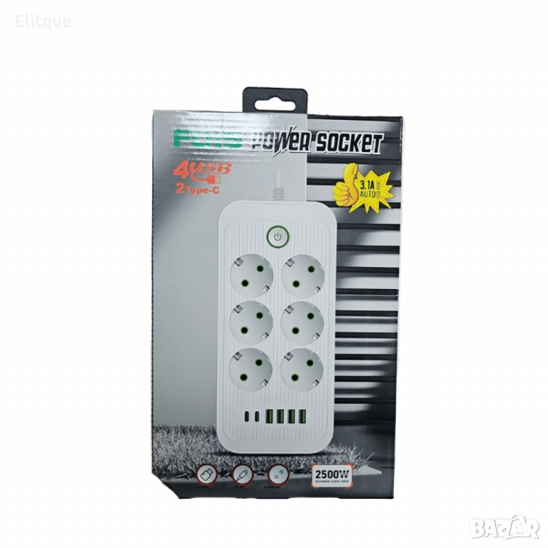 Разклонител 220V с 6 гнезда, 4 USB порта + 2xType C, Digital One SP00985, Бял, 1.5 м, 2500W, с ключ, снимка 1