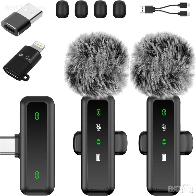 Комплект 2 бр. Безжични микрофони с LED дисплей и Шумопотискане – за iPhone, Android, iPad и PC, снимка 1