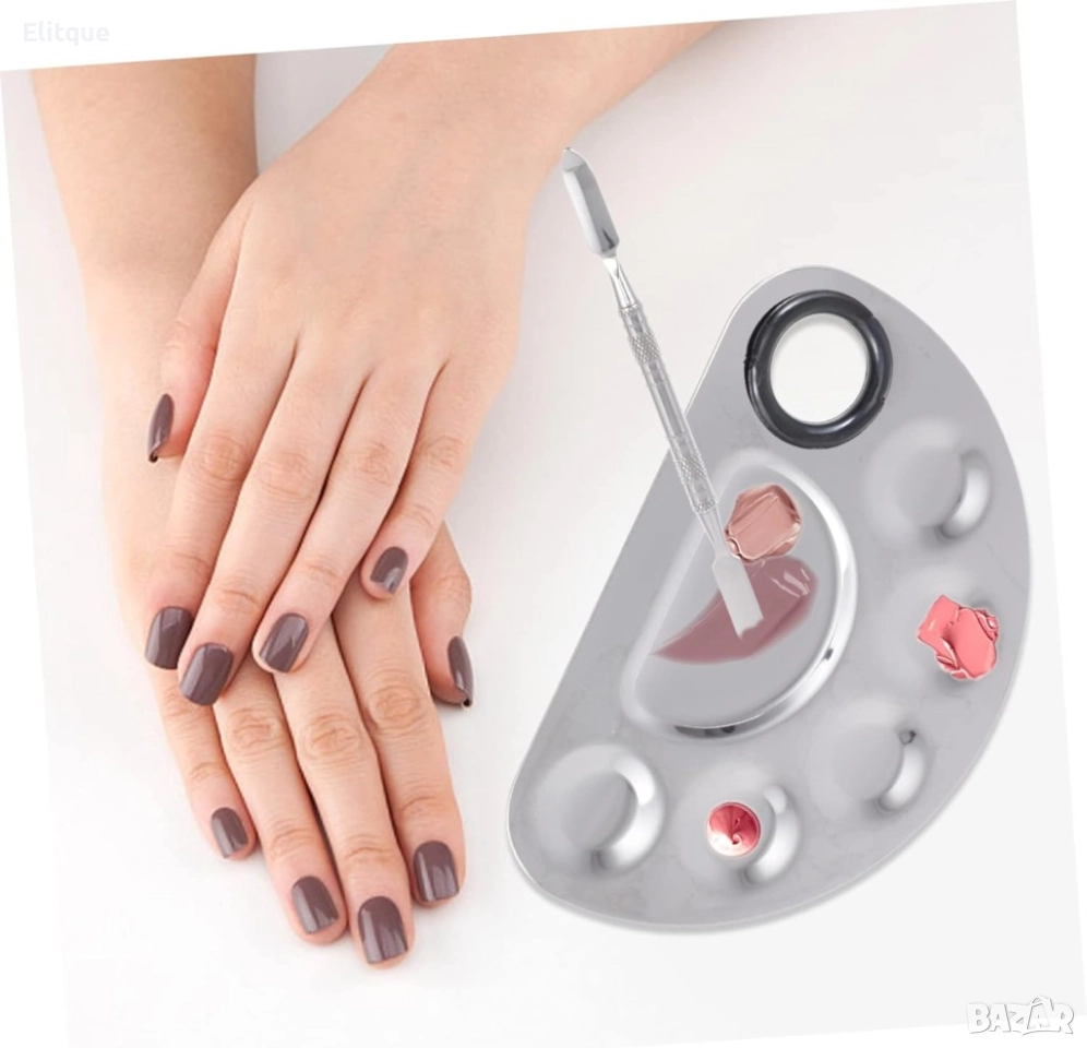 Полукръгла палитра за смесване на грим от неръждаема стомана с помощна пръчица, снимка 1