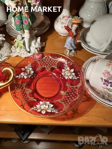 EGERMANN BOHEMIAN RUBY RED CRYSTAL Cup and Saucer - невероятно красив и стилен двоен сет , снимка 7 - Антикварни и старинни предмети - 52638785