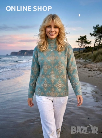 Модерен Дамски пуловер с геометричен принт и висока яка в елегантен стил, снимка 9 - Якета - 53701297