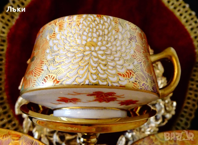 Чаша с чинии японски порцелан Satsuma Shosan Meiji,злато. , снимка 2 - Антикварни и старинни предмети - 53249715