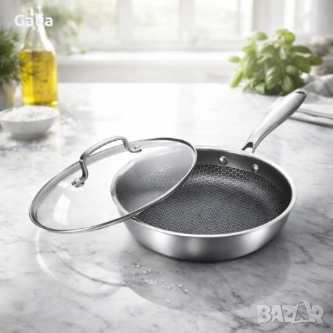 Тиган с капак Трислойно дъно, Незалепващо покритие, снимка 2 - Съдове за готвене - 53719111