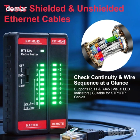 Тестер за мрежови кабели за RJ11 RJ45 Ethernet, LAN CAT5 CAT5E CAT6 CAT6A CAT7, снимка 6 - Друга електроника - 53779649