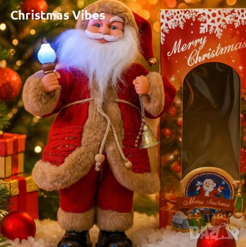 Декоративен музикален Дядо Коледа със светеща факла, на батерии. Височина: 40см.