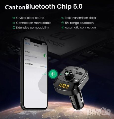 UGREEN ED040 FM трансмитер Bluetooth 5.0, волтметър,  QC 3.0, 2,4А и USB-C PD, microSD, снимка 3 - Аксесоари и консумативи - 36010375