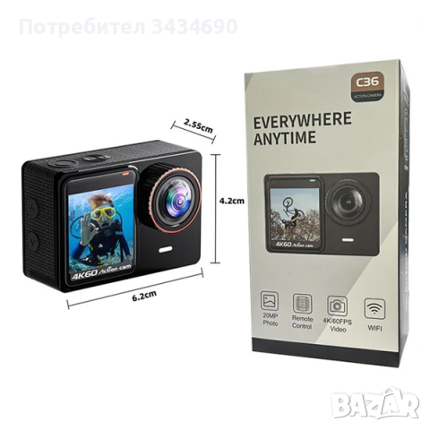Екшън камера C36 – 4K/60fps с WIFI водоустойчива до 30 метра /SPK065/, снимка 9 - Камери - 44513386