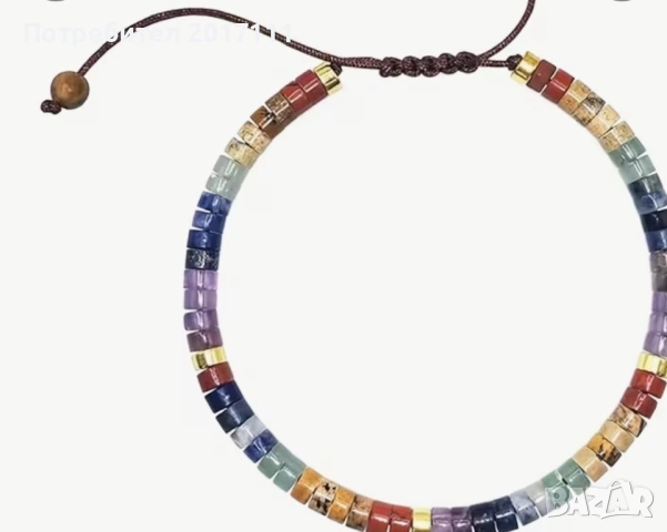 Дамска гривна от естествени камъни с регулируема връзка – многоцветен чакра дизайн, снимка 2 - Гривни - 53692666