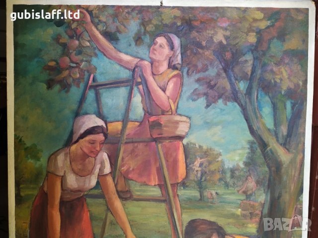 Картина, "Ябълкова градина", соц. период, 132х102 см., снимка 2 - Картини - 34591173