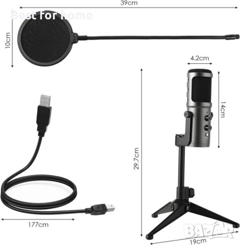 USB кондензаторен микрофон със статив и поп филтър111 от Mugig K58 >70dB, 5V, , снимка 5 - Микрофони - 42062648
