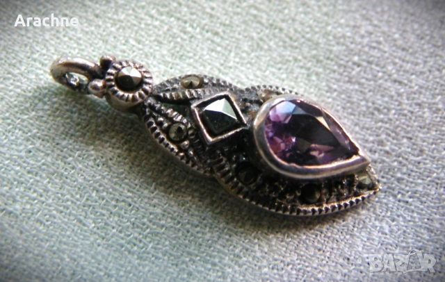 Сребърен медальон с аметист и марказити, снимка 3 - Колиета, медальони, синджири - 44213169