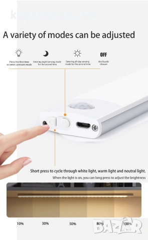 LED лампа с датчик за движение (50 см) - за гардероб и кухненски шкаф, USB-C презареждане, снимка 6 - Лед осветление - 53278171