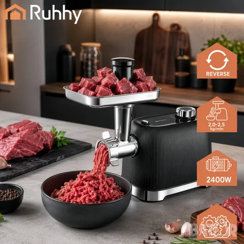 Eлектрическа месомелачка / Месомелачка с пълначка / Мелачка за месо 2400W – с реверс, снимка 3 - Месомелачки - 55829055