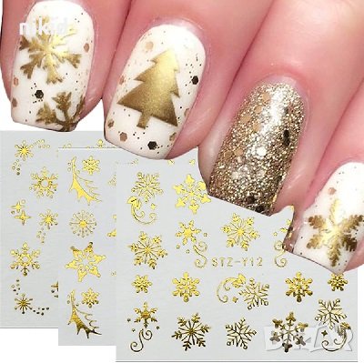 сет 16 бр сребристи и златисти Коледни снежинки и др слайдер ваденки водни стикери за нокти маникюр, снимка 6 - Продукти за маникюр - 41768951