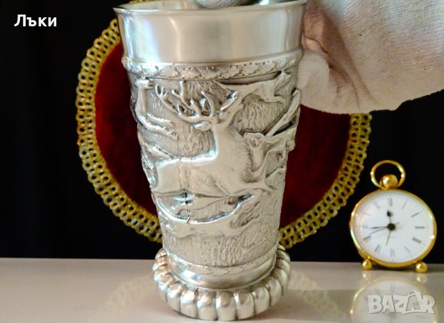 Бокал,халба от калай с ловна картина шедьовър,авторска, снимка 8 - Антикварни и старинни предмети - 41693347