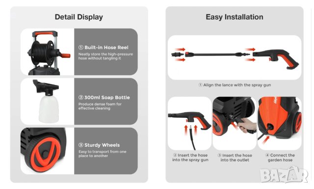 Мощна водоструйка Mensela 165bar 2100W 7,5l/min - НОВА!!!, снимка 7 - Други инструменти - 40306681