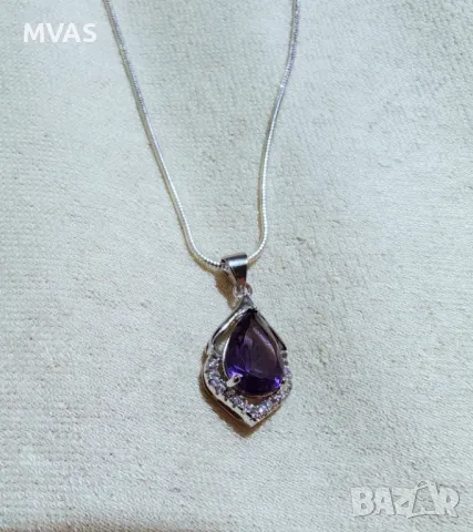 Ново Колие лилава капка посребрено + Торбичка Подарък за жена, снимка 2 - Колиета, медальони, синджири - 48250763