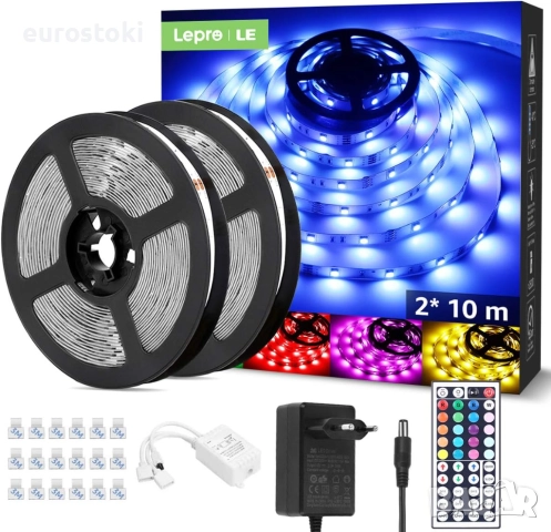 Lepro Самозалепваща се RGB LED лента 20 м (2 x 10 метра), 5050 SMD 600 бр, 12 V, с 44 бутона дистанц