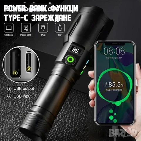 Мощен акумулаторен далекобоен лазерен прожектор LED фенер USB тактически водоустойчив лов риболов, снимка 6 - Къмпинг осветление - 51017230