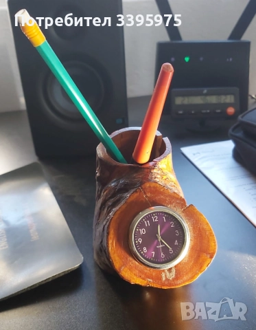 Комплект дървени канцеларски материали с часовник, ръчно изработен, снимка 2 - Органайзери - 51475482