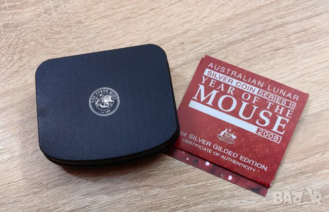 Сребро 1 oz Годината на Мишката 2008 Лунар Австралия  с позлата, снимка 6 - Нумизматика и бонистика - 49268117