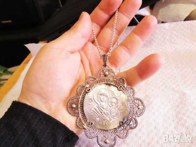 Възрожденска Сребърна икона, амулет, накит, медальон с Богородица, Дева Мария - Панагия 70 мм - Бого