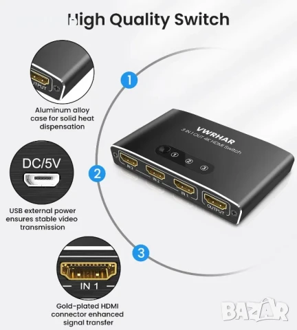 НОВ, ТЕСТВАН HDMI превключвател 3 в 1 изход 4K UHD HDMI превключвател, сплитер, автоматичен..., снимка 2 - Кабели и адаптери - 50502379