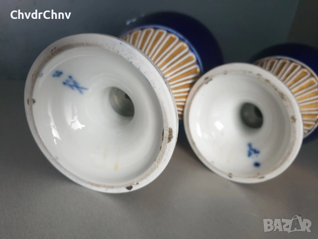 2бр Meissen фигурални вази 28см/стара Майсен порцеланова пиедестална ваза с дръжки-змии/кобалт, снимка 8 - Вази - 52463212