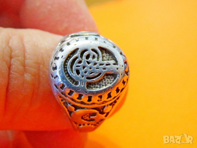 Уникално стар красив мъжки сребърен пръстен с тугра, тура полумесецът и звездата, турски сребро, снимка 3 - Пръстени - 38759062