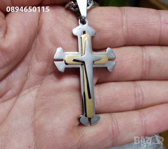 Солиден ланец с кръст сребърен, стомана цвят сребро и златен , снимка 2 - Колиета, медальони, синджири - 36013090