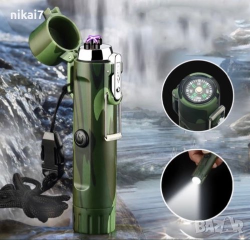 тактическа водоустойчива плазмена запалка с фенер и компас туризьм лов