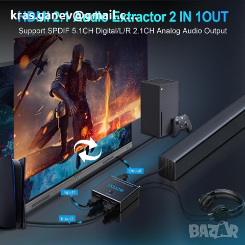 4K 120Hz HDMI 2.1 Audio Extractor 2X1 VRR ALLM HDCP2.3 HDR10 ARC CEC Audio Extractor Switch 2 IN 1 O, снимка 3 - Други - 41632915