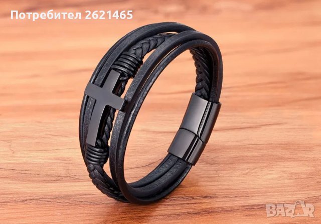 Мъжка кожена гривна с метално кръстче от кожа, кръст, златно, сребърно и черно кръстче, снимка 4 - Гривни - 44480203