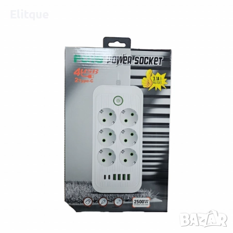 Разклонител 220V с 6 гнезда, 4 USB порта + 2xType C, Digital One SP00985, Бял, 1.5 м, 2500W, с ключ