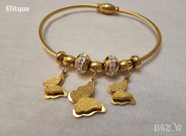 Елегантна дамска твърда гривна от медицинска стомана с бляскави пеперуди и камъни цирконии, снимка 3 - Гривни - 52656969