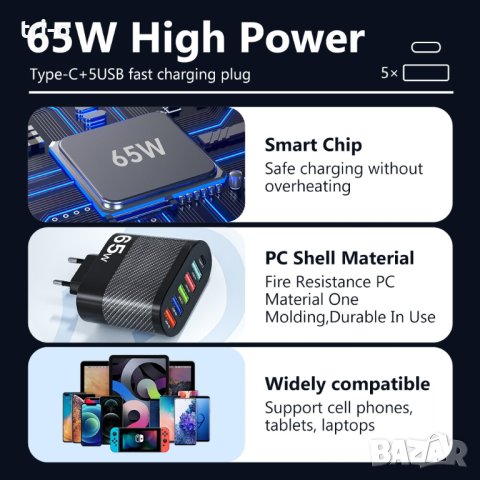 Olaf 65W 5 USB порта + 1 Type-c зарядно устройство, снимка 5 - Оригинални зарядни - 41786937