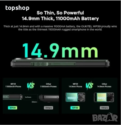 ​Мощен 5G смартфон Oukitel WP39 - 24GB RAM, 256GB, 11000mAh батерия , снимка 3 - Други - 53843906