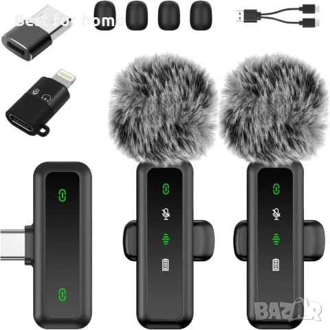 Комплект 2 бр. Безжични микрофони с LED дисплей и Шумопотискане – за iPhone, Android, iPad и PC