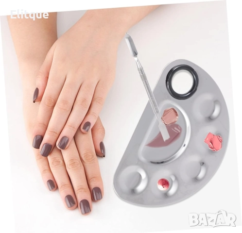 Полукръгла палитра за смесване на грим от неръждаема стомана с помощна пръчица