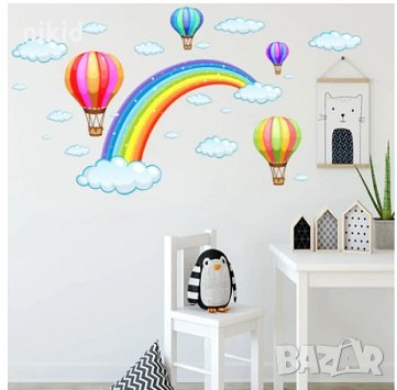 Дете рисува дъга въздушни балони стикер за стена и мебел стая самозалепващ, снимка 3 - Други - 35676388