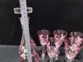 ретро стъклени чаши и гарафа Бохемия Чехословакия цветно розово стъкло , снимка 3