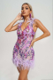 Къса флорални рокля с пайети и пера в лилаво, снимка 2