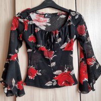 Къса прозрачна ефирна блуза с три четвърти широк ръкав, в червено-черна щаппа, снимка 6 - Корсети, бюстиета, топове - 39568471