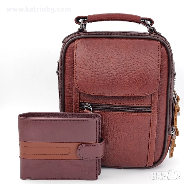 Подарък за мъж – комплект чанта и портфейл от естествена кожа в светло кафяво, снимка 1