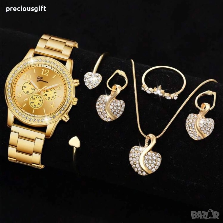 Комплект бижута с часовник - колие, гривна, пръстен и обеци, снимка 1