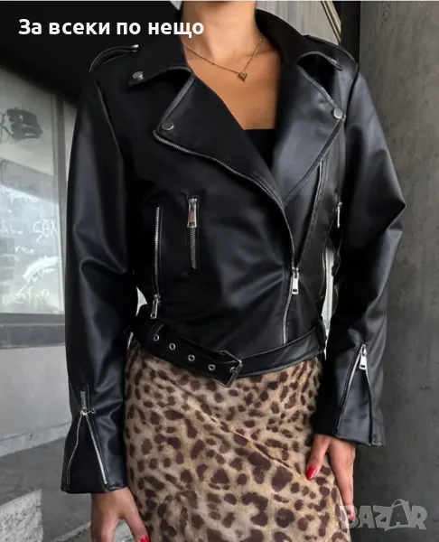 Дамско черно кожено яке Код LFS113, снимка 1