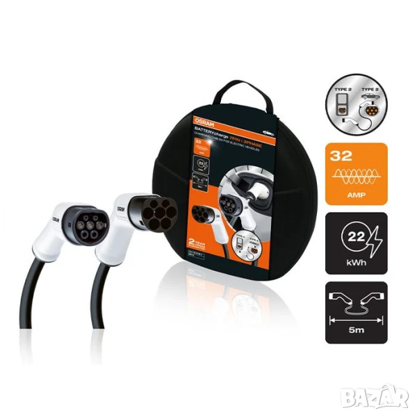 Кабел Osram за зарядно на електромобил с 7 пина тип 2 към тип 2 480V, 32A, 22KW, снимка 1